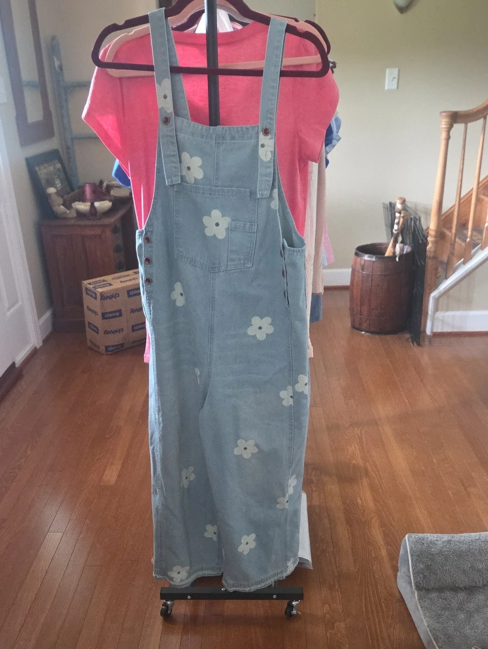 Light Wash Denim Floral Overalls with White Flower Appliqués
